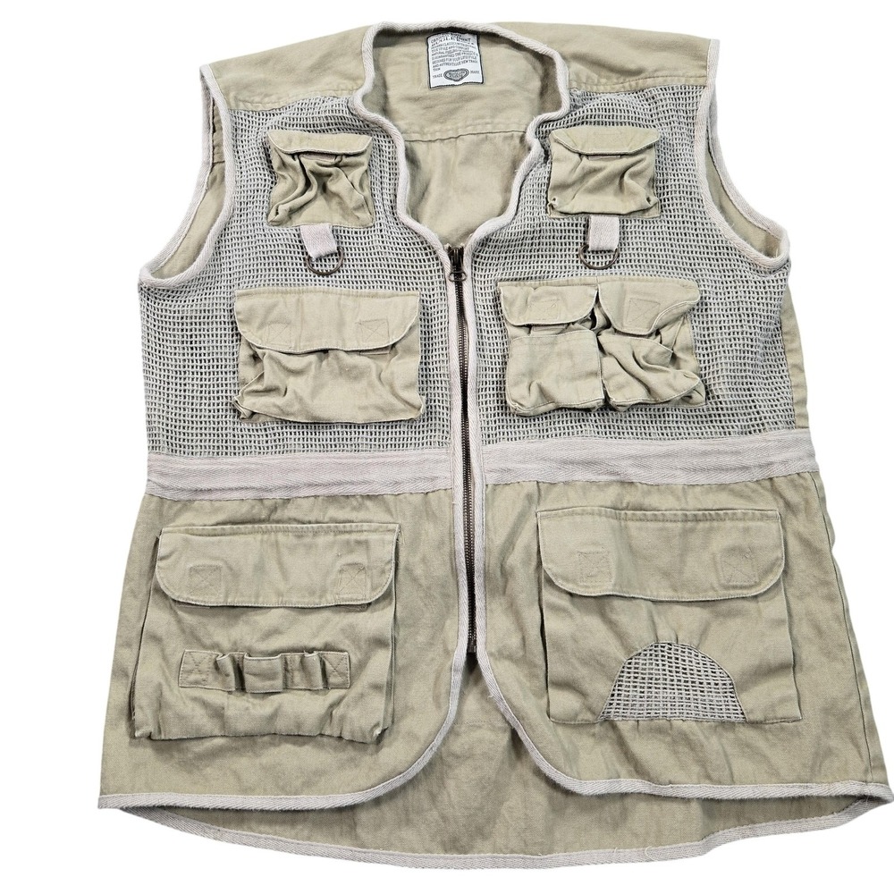 Bugle Boy Vest Mens Medium Beige Mesh Utility Pockets Full Zip Outdoor Hiking